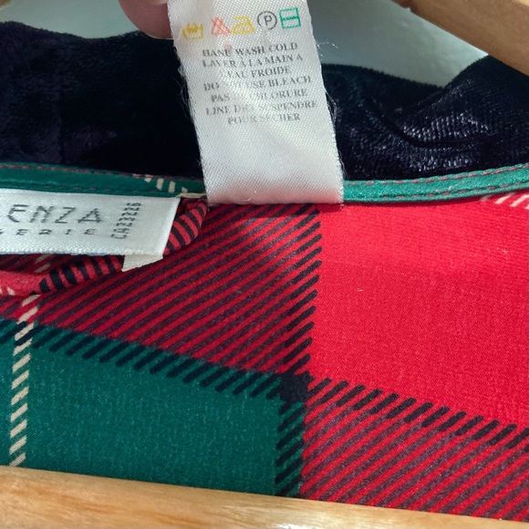 90s Vintage Silk & Velvet Belted Robe La Senza Green and Black Plaid - Picture 11 of 12